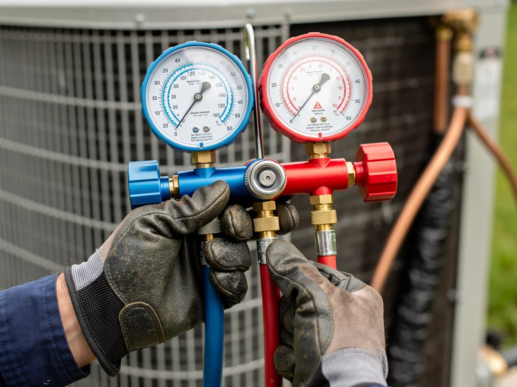 Manomètres du manifold raccordés au groupe extérieur pour relever la pression du fluide frigorigène