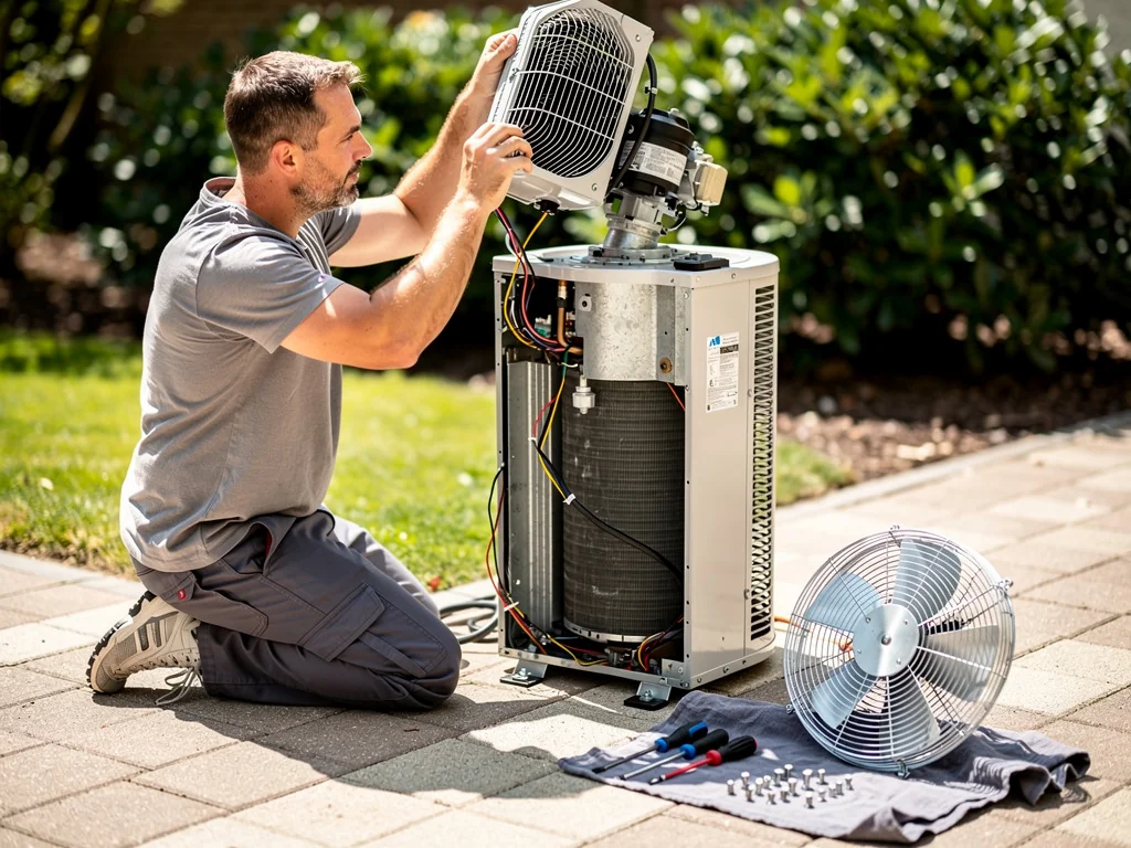 Remplacement du moteur de ventilation sur un groupe extérieur de climatisation démonté