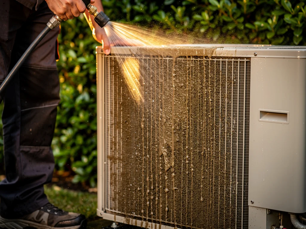 Rinçage des ailettes encrassées du condenseur extérieur pour rétablir l'échange thermique